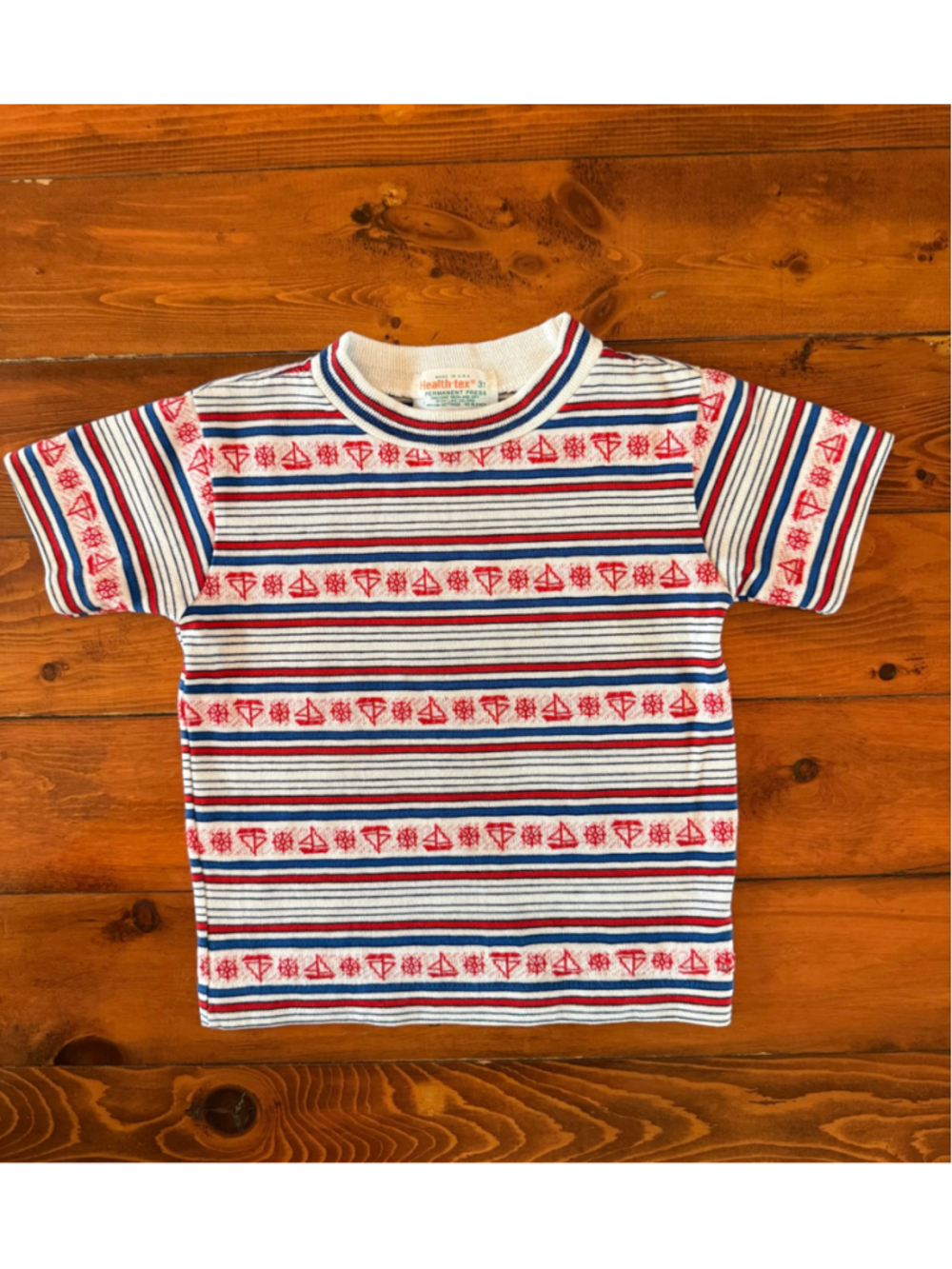Health-tex Nautical Striped Short Sleeve Tee, 3T, White and Red